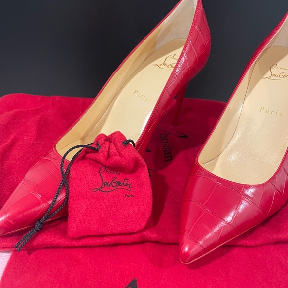Christian Louboutin Red Croc-Embossed Heels - Picture 3 of 7